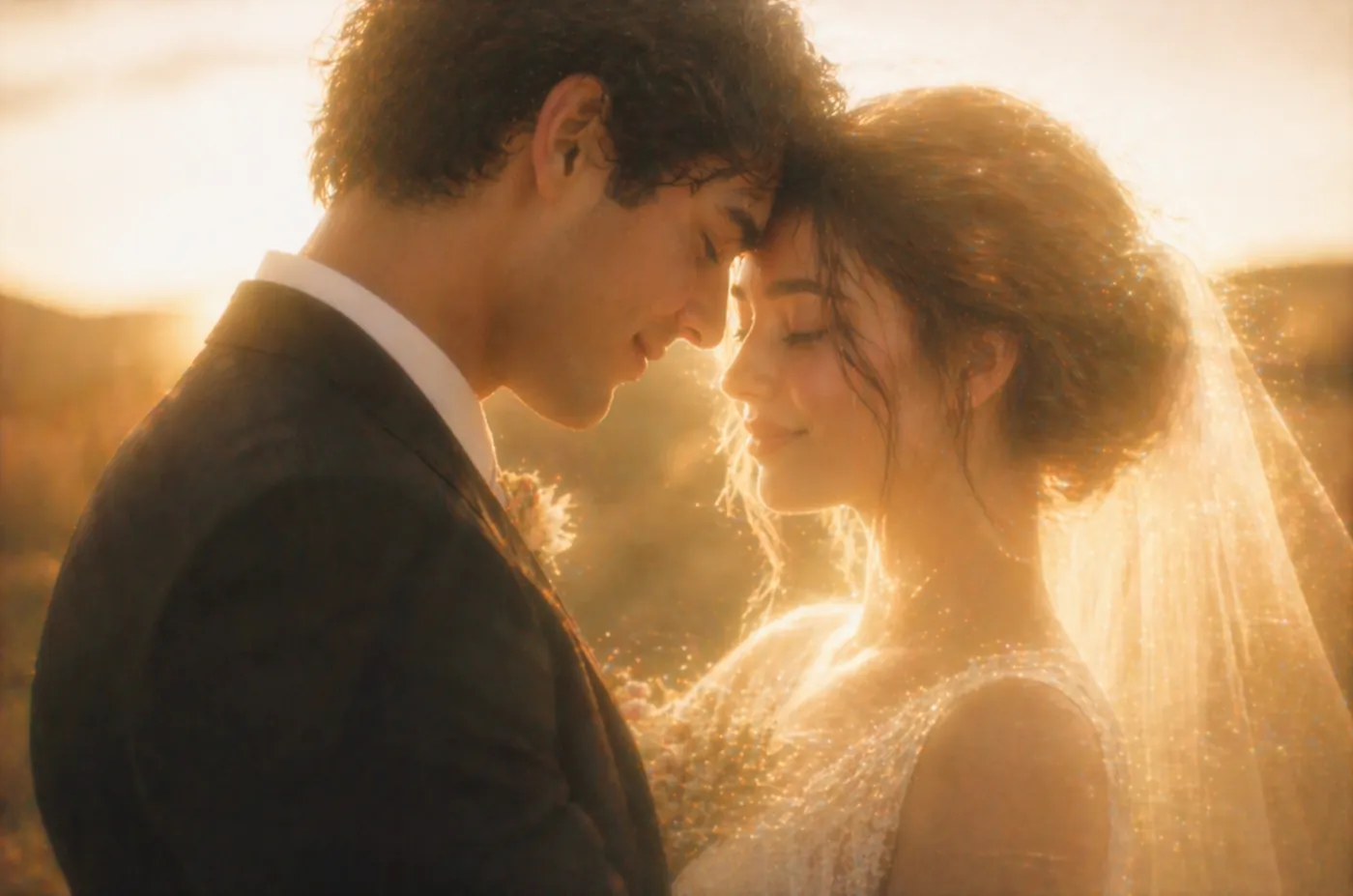 Two people standing together in warm golden light